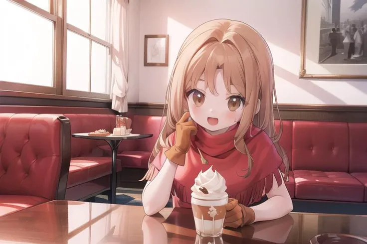 anime girl sitting at a table with a cup of coffee