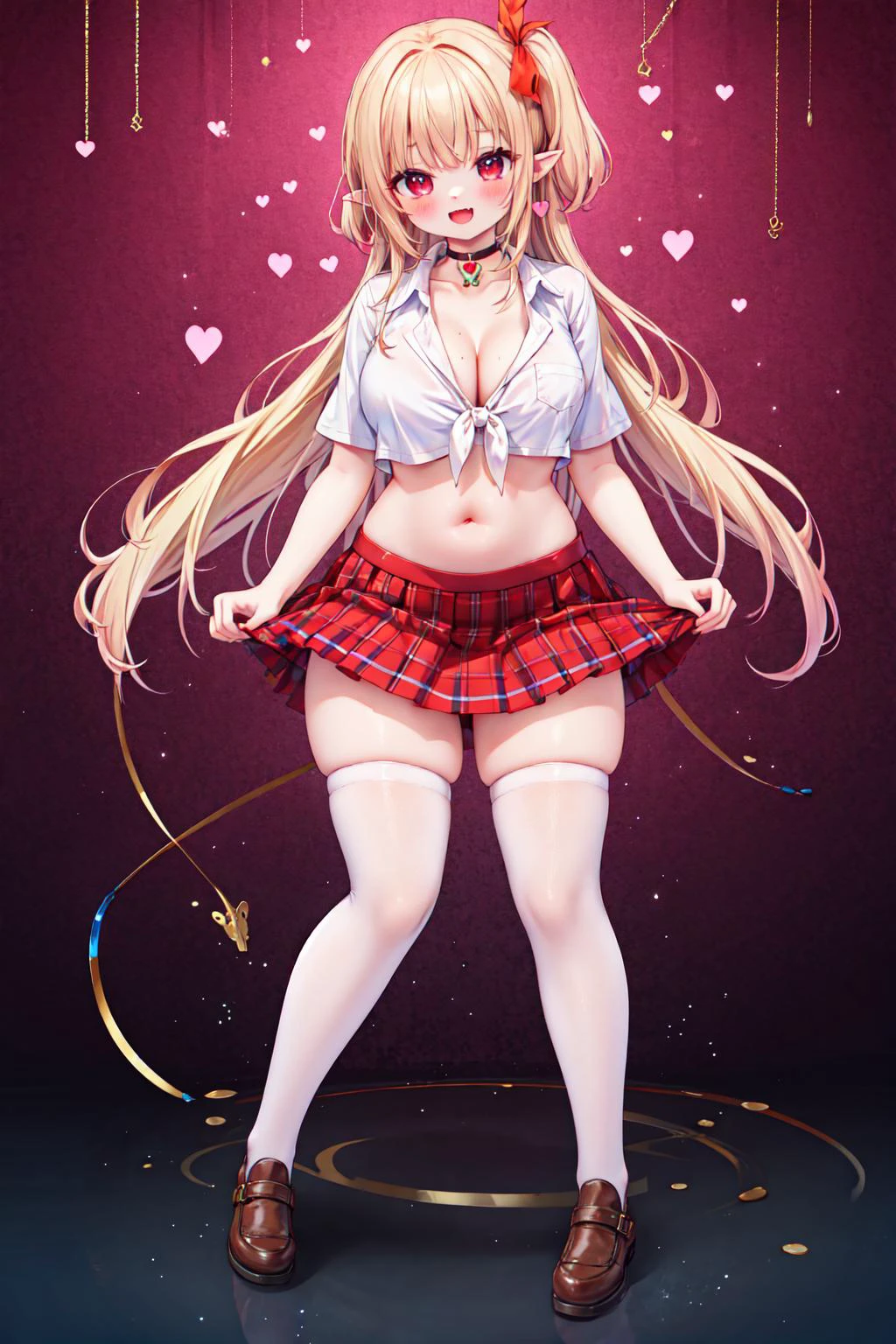 masterpiece, best quality, (extremely detailed face), highly detailed eyes, shiny skin, thick body, sexy body, highly detailed eyelash, thick eyelashes, shiny skin,
multiple girls, breasts, long hair, cleavage, full body, looking at viewer, huge breasts, heart, choker, open mouth, bangs, smile, red eyes, jewelry, heart choker, holding, blonde hair, white hair , brown hair, pink hair, gyaru, large breasts, blush, fangs, zettai ryouiki, navel, belly, pointy ears, skirt, fishnets, shirt, white shirt, pleated skirt, plaid, plaid skirt, shoes, thighs, school uniform, fishnet pantyhose, miniskirt, crop top,
<lora:more_details:0> <lora:venusbody:1> venusbody, <lora:GoodHands-vanilla:1>, good hands, perfect hands, skirt lift, lifted by self,