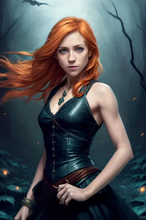 a brittanySnow1 portrait of a hyperdetailed in the style of a dementor from harry potter and a rogue dnd character,ginger hair, (pleasant:1.3) thoughtful expression, full body, conjuring magical energy, cinematic shot on canon 5d ultra realistic skin, Fabian Perez Henry Asencio, Jeremy Mann Marc Simonetti fantasy magical horror atmosphere, (highly detailed environment:1.3)