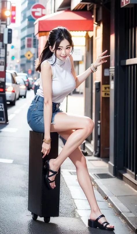 1 woman,fashion model pose,upright,175cm tall,long leg,Japanese famous actress,kawaii,big eyes,Highly Detailed Face and Skin Texture,extremely detailed eyes and face,eyes with beautiful details,(8k, masterpiece, best quality, raw photo),smile,floating hair,Big Breast,Wearing white sleeveless high neck knit over no_bra and blue jeans pants and sandals,(photo realistic:1.4),looking at viewer,sweat,on the street