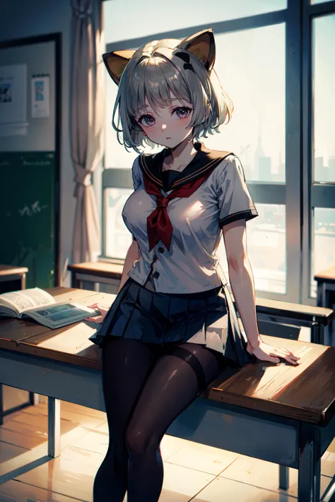 (best quality, masterpiece), 1girl, solo, tail,raccoon ears, animal ears, raccoon tail, grey hair, bangs, short hair, looking at viewer, big breasts, (milf:1.2),
sailor uniform, pantyhose, pleated mini-skirt, shirt, neckerchief, complex background, sit,
school, classroom, slate atmosphere, cinematic, dimmed colors, dark shot, muted colors, film grainy, lut, spooky