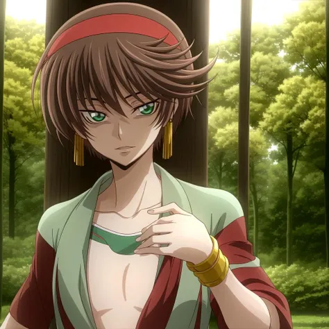 yukiyanaruse, jewelry, bracelet, hairband, earrings, shirtless, in beautiful forest <lora:yukiyanaruse-000006:0.6>