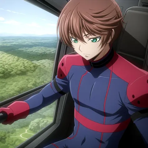 yukiyanaruse, 1boy, full body, in combat suit, looking down to plains from helicopter cockpit <lora:yukiyanaruse-000006:0.6>