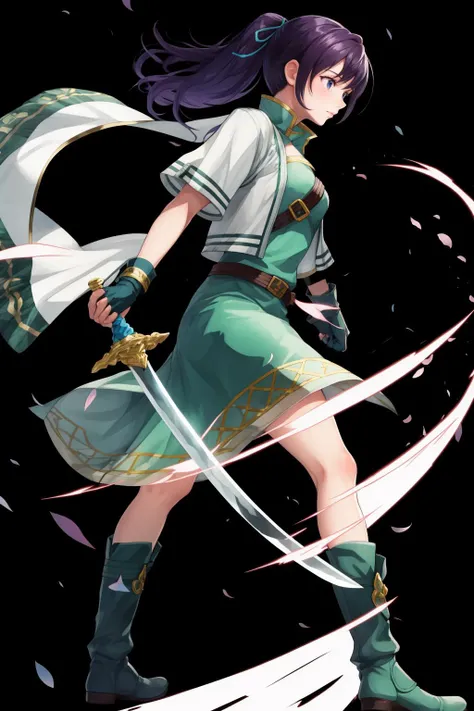masterpiece, best quality, fefir, hair ribbon, green dress, white jacket, short sleeves, fingerless gloves, belt, green boots, FEH, standing, black background, simple background, whole body, from side, furrowed brow <lora:fir-nvwls-v1-000010:0.9>  <lora:FEH_Concept_v2:0.9>