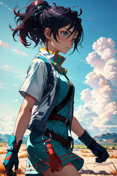 masterpiece, best quality, fefir, hair ribbon, green dress, white jacket, short sleeves, fingerless gloves, belt, cowboy shot, from side, furrowed brow, serious expression, wind, sky, clouds, plains <lora:fir-nvwls-v1-000010:0.9>