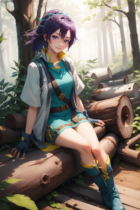 masterpiece, best quality, fefir, hair ribbon, green dress, white jacket, short sleeves, fingerless gloves, belt, green boots, sitting, fallen log, forest, looking at viewer, smile <lora:fir-nvwls-v1-000010:0.9>