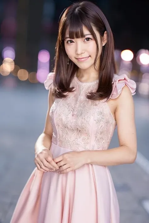1girl, (wearing a pink evening dress:1.8),(RAW photo, best quality), (realistic, photo-realistic:1.4), masterpiece, an extremely delicate and beautiful, extremely detailed, 2k wallpaper, Amazing, finely detail, extremely detailed CG unity 8k wallpaper, ultra-detailed, highres, soft light, beautiful detailed girl, extremely detailed eyes and face, beautiful detailed nose, beautiful detailed eyes,cinematic lighting,(in the city at night:2.0),(night city view:1.6),perfect anatomy,(slender body:2.0),(laughing:1.8),(upper body:1.8),(open eyes:1.4),(look at viewer),(front view:1.0),(young japanese girl:1.8),cinematic angle,(wavy long hair), (brown eyes:1.8),(standing:2.0), (cleavage:1.4),  <lora:akaohikaru_lora-06:0.8>