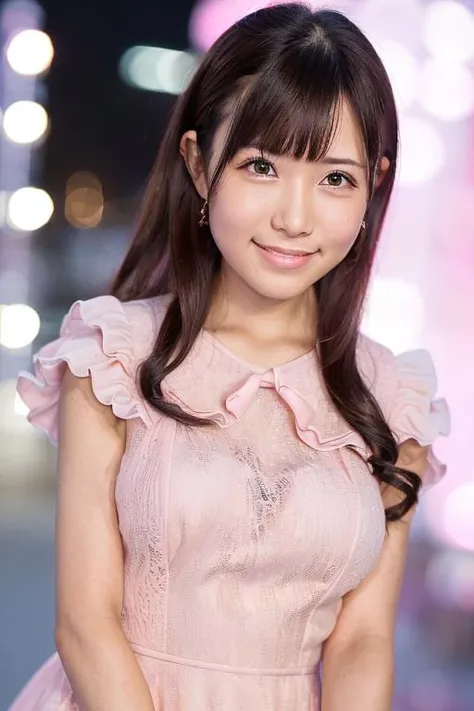 1girl, (wearing a pink evening dress:1.8),(RAW photo, best quality), (realistic, photo-realistic:1.4), masterpiece, an extremely delicate and beautiful, extremely detailed, 2k wallpaper, Amazing, finely detail, extremely detailed CG unity 8k wallpaper, ultra-detailed, highres, soft light, beautiful detailed girl, extremely detailed eyes and face, beautiful detailed nose, beautiful detailed eyes,cinematic lighting,(in the city at night:2.0),(night city view:1.6),perfect anatomy,(slender body:2.0),(laughing:1.8),(close up face:2.0),(open eyes:1.4),(look at viewer),(front view:1.0),(young japanese girl:1.8),cinematic angle,(wavy long hair), (brown eyes:1.8),(standing:2.0), (cleavage:1.4), <lora:akaohikaru_lora-06:0.8>