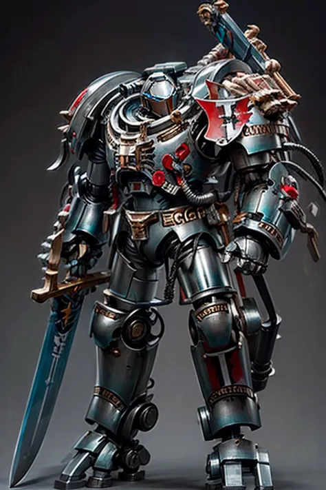 Photo of  dreadknight, full metal armor, wearing intricate ornamented metal armor, 
solo, (dreaknight:1.2), epic, full metal armor, silver armor, bronze trimmings, tall stature, glowing eyes, 
gattling gun, arm cannon, holding sword, planted sword, 
<lora:tool - add_detail:1> <lora:Grey Knights MK1 by CARAXES:0.8>