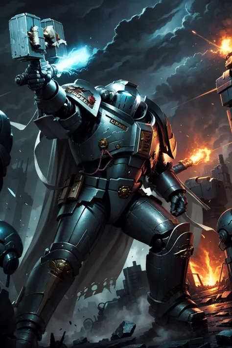 sci-fi, ultra detailed, high contrast, cinematic, atmospheric, tense, shadows, eerie, (scifi fantasy art), (comic style:1.5), (illustration), cowboy shot, action,
gk, terminator armor, full metal armor, wearing intricate ornamented metal armor,
solo,
epic, full metal armor, silver armor, bronze trimmings, tall stature, glowing eyes, helmet, cape, pelvic curtain, banner,
dual wielding, warhammer, holding shield, holding hammer, arm cannon, pointing arm cannon, firing, shell casing, hail of bullets,
multiple boys,
desolate landscape, a ruined city looming in the distance. exploding spaceship, tumbling from sky, falling debris, meteor fall background, particles floating, cloudy ash sky, grim, dark lighting, light from fiery explosion, heavy shadows,
<lora:Grey Knights MK1 by CARAXES:0.85> <lyco:cosmetic - UnlimitedBladeWorks1.6:0.5>