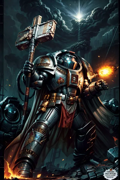 sci-fi, ultra detailed, high contrast, cinematic, atmospheric, tense, shadows, eerie, (scifi fantasy art), (comic style:1.5), (illustration), cowboy shot, action,
gk, terminator armor, full metal armor, wearing intricate ornamented metal armor,
solo,
epic, full metal armor, silver armor, bronze trimmings, tall stature, glowing eyes, helmet, cape, pelvic curtain, banner,
dual wielding, warhammer, holding shield, holding hammer, arm cannon, pointing arm cannon, firing, shell casing, hail of bullets,
multiple boys,
desolate landscape, a ruined city looming in the distance. exploding spaceship, tumbling from sky, falling debris, meteor fall background, particles floating, cloudy ash sky, grim, dark lighting, light from fiery explosion, heavy shadows,
<lora:Grey Knights MK1 by CARAXES:0.85> <lyco:cosmetic - UnlimitedBladeWorks1.6:0.5> <lora:tool - more_details:1>