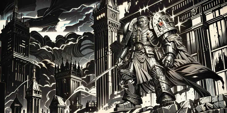 Generate a stunning art style, a true [masterpiece] [best quality] of art. The image showcases [detailed linework], [dynamic shading], and [dramatic lighting], bringing to life a [dreading atmosphere, grim dark coloures] . In the background a [gothic hive spire city, warhammer 40k] is to be seen in [grand:1.8, high-scale:1.8, panorama:1.8] from [from below]. A [((thunder storm:1.2)), midnight, horror ambiance] is raging. gk solo is [(full body view:1.5), standing, from from above ] in front of the edge of a tower. He is wearing a[stunning terminator armor, full metal armor, helmet, intricate ornamented metal armor, ull metal armor, silver armor, bronze trimmings, tall stature, glowing eyes, helmet, cape, pelvic curtain ]. He is holding a[sword|shield|polearm|gun|hammer|rifle].  <lora:Grey Knights MK1 by CARAXES:0.7>  <lora:HELLSINGStyle:0.8:lbw=1,0,0,0,0,0,0,0,1,1,1,1,1,1,1,1,1>