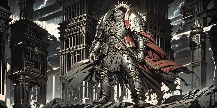 Generate a stunning art style, a true [masterpiece] [best quality] of art. The image showcases [detailed linework], [dynamic shading], and [dramatic lighting], bringing to life a [dreading atmosphere, grim dark coloures] . In the background a [battlefield , warhammer 40k] is to be seen in [grand:1.8, high-scale:1.8, panorama:1.8] from [from below]. A [((thunder storm:1.2)), midnight, horror ambiance] is raging. gk solo is [(full body view:1.5), standing, from from above ] in front of the edge of a tower. He is wearing a[stunning terminator armor, full metal armor, helmet, intricate ornamented metal armor, ull metal armor, silver armor, bronze trimmings, tall stature, glowing eyes, helmet, cape, pelvic curtain ]. He is holding a[sword|shield|polearm|gun|hammer|rifle].  <lora:Grey Knights MK1 by CARAXES:0.7>  <lora:HELLSINGStyle:0.8:lbw=1,0,0,0,0,0,0,0,1,1,1,1,1,1,1,1,1>