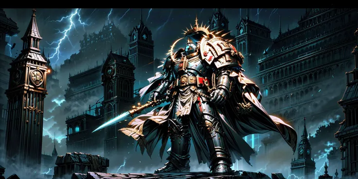 Generate a stunning art style, a true [masterpiece] [best quality] of art. The image showcases [detailed linework], [dynamic shading], and [dramatic lighting], bringing to life a [dreading atmosphere, grim dark coloures] . In the background a [gothic hive spire city, warhammer 40k] is to be seen in [grand:1.8, high-scale:1.8, panorama:1.8] from [from below]. A [((thunder storm:1.2)), midnight, horror ambiance] is raging. gk solo is [(full body view:1.5), standing, from from above ] in front of the edge of a tower. He is wearing a[stunning terminator armor, full metal armor, helmet, intricate ornamented metal armor, ull metal armor, silver armor, bronze trimmings, tall stature, glowing eyes, helmet, cape, pelvic curtain ]. He is holding a[sword|shield|polearm|gun|hammer|rifle]. <lora:more_details:1> <lora:Grey Knights MK1 by CARAXES:0.7>