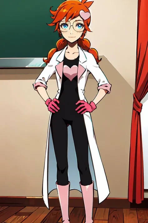 smile, <lora:penny_crygor:0.9> blue eyes, orange hair, freckles, glasses, round eyewear, twin braids, long hair, hair ornament, ponytail, braid, heart hair ornament, pantyhose, boots, labcoat, pink footwear, heart, gloves,  <lora:bleach_style_offset:1> bleach style, hands on hips,, ultra detailed, masterpiece, best quality,