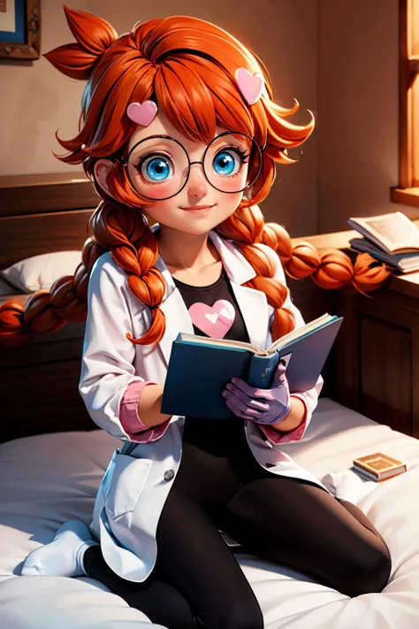 girl, long orange hair,twin braids, blue eyes, heart, glasses, round eyewear, heart hair ornament, labcoat,black bodysuit,pink gloves, white socks, looking at viewer, smiling, blush, from_above,
sitting, on bed, wariza, inside a bedroom, reading a book,soft lighting, high quality, masterpiece, <lora:penny_crygor:.7>