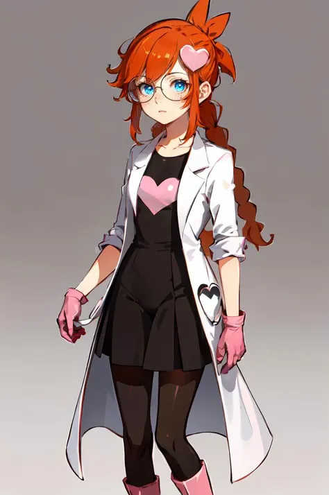 <lora:penny_crygor:0.9> blue eyes, orange hair, freckles, glasses, round eyewear, twin braids, long hair, hair ornament, ponytail, braid, heart hair ornament, pantyhose, boots, labcoat, pink footwear, heart, gloves,, ultra detailed, masterpiece, best quality,