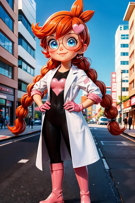 girl, long orange hair,twin braids, blue eyes, heart, boots, glasses, round eyewear, heart hair ornament, labcoat, pink footwear,bodysuit,pink gloves, pink boots, looking at viewer, smiling, happy, blush, full body shot, standing, hands on hips, outside, city, street, blue sky, high quality, masterpiece, <lora:penny_crygor:.8>