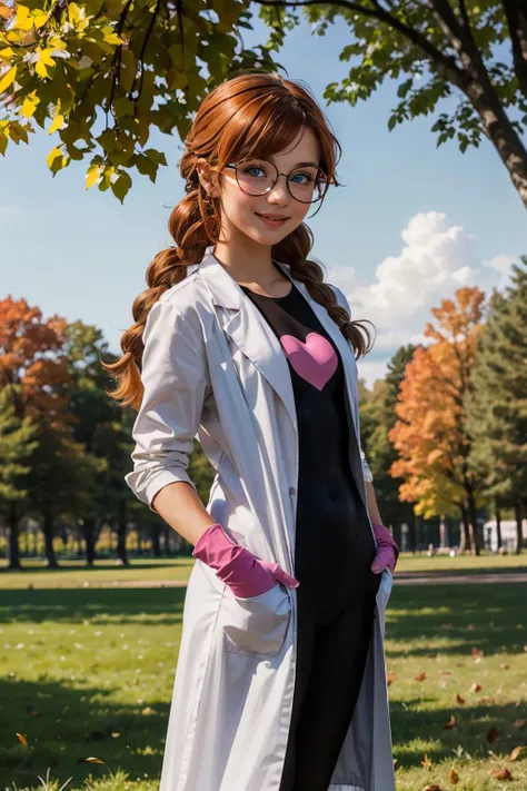 girl, long orange hair,twin braids, blue eyes, heart, glasses, round eyewear, heart hair ornament,labcoat,black bodysuit,pink gloves, looking at viewer, smiling, blush, medium shot,
standing, hands in pockets, outside, park, trees, grass, autumn leafs, autumn, blue sky, high quality, masterpiece, <lora:penny_crygor:.7>