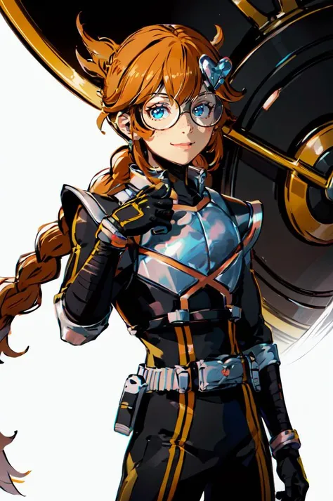 smile, <lora:penny_crygor:0.9> blue eyes, orange hair, freckles, glasses, round eyewear, twin braids, long hair, hair ornament, ponytail, braid, heart hair ornament, <lora:Kaixa913:0.8> Kaixa913, rider belt, gloves, antennae, black bodysuit, bodysuit, belt, armor, helmet,, ultra detailed, masterpiece, best quality,