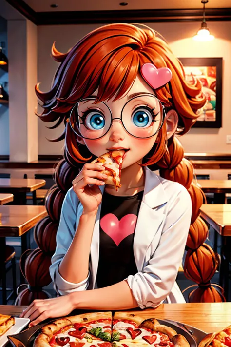 girl, long orange hair,twin braids, blue eyes, heart, glasses, round eyewear, heart hair ornament, labcoat,bodysuit, looking at viewer, happy,  blush, 
upper body shot, sitting behind a table, inside a pizzeria, eating a slice of pizza, playful ambiance,  high quality, masterpiece, <lora:penny_crygor:.8>