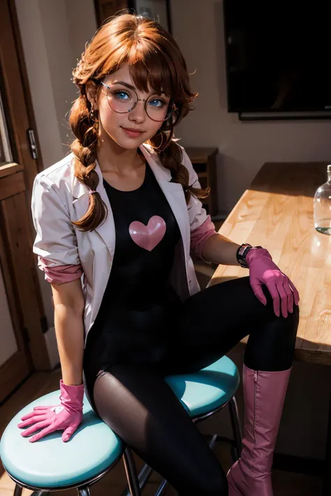 girl, long orange hair,twin braids, blue eyes, heart, glasses, round eyewear, heart hair ornament,labcoat,black bodysuit,pink gloves, pink boots, looking at viewer, seductive smile, blush,
sitting, on stool, spreading legs, holding a glass vial, inside a laboratory, table, from_above, bright lighting, high quality, masterpiece, <lora:penny_crygor:.7>