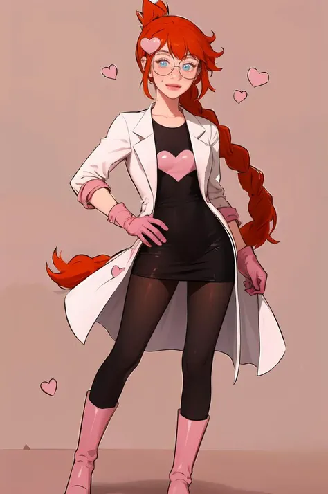 smile, <lora:penny_crygor:0.9> blue eyes, orange hair, freckles, glasses, round eyewear, twin braids, long hair, hair ornament, ponytail, braid, heart hair ornament, pantyhose, boots, labcoat, pink footwear, heart, gloves, <lora:Bad Thinking Diary:1> btd,, ultra detailed, masterpiece, best quality,
