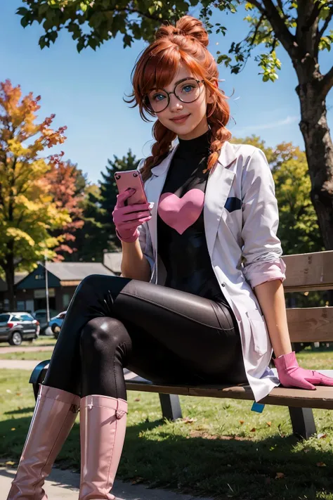 girl, long orange hair,twin braids, blue eyes, heart, glasses, round eyewear, heart hair ornament,labcoat,black bodysuit,pink gloves, pink boots, looking at viewer, smiling, blush,sitting on bench, legs crossed, holding a cell phone, texting, outside, park, trees, autumn, blue sky, high quality, masterpiece, <lora:penny_crygor:.7>