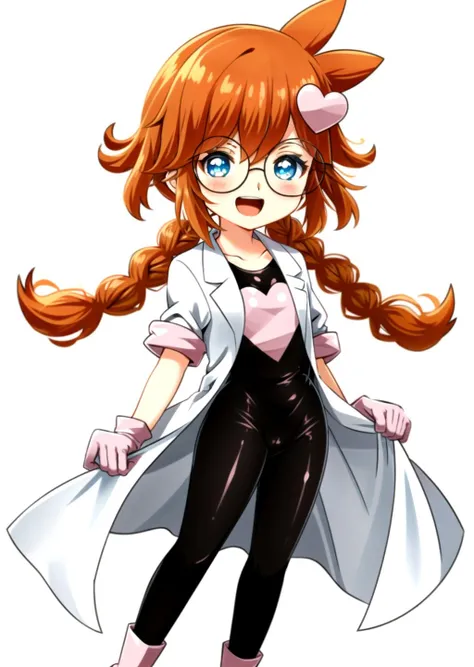 1girl, solo, long hair, looking at viewer, blush, smile, open mouth, blue eyes, simple background, hair ornament, white background, full body, braid, heart, boots, glasses, chibi, orange hair, twin braids, round eyewear, heart hair ornament, labcoat, pink footwear,bodysuit,pink gloves,arms_on_hips, 
<lora:penny_crygor-08:1>