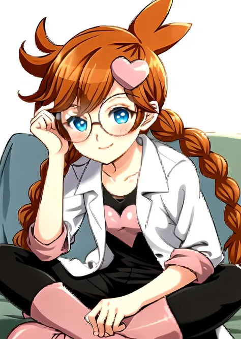 1girl, solo, long hair, blush, smile, blue eyes, hair ornament, sitting, closed mouth, full body, ponytail, braid, heart, pantyhose, boots, glasses, orange hair, twin braids, freckles, head rest, round eyewear, heart hair ornament, labcoat, pink footwear, indian style,coverted_nipples
<lora:penny_crygor-08:0.9>