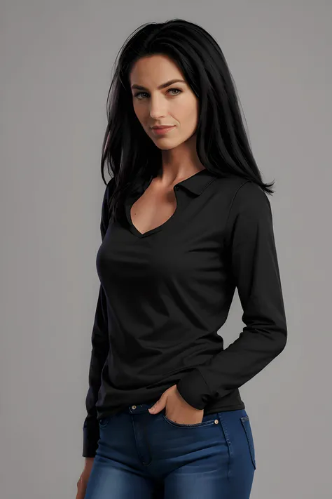, ,<lora:vala-wvl:1>, vala,black shirt, portrait, face, jeans,
