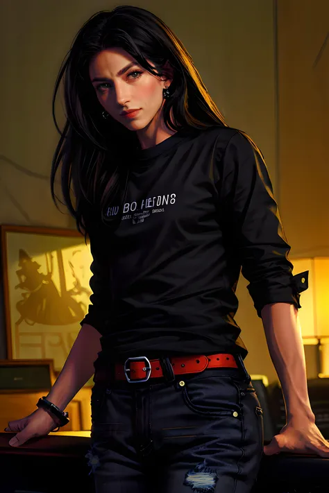 , ,<lora:vala-wvl:1>, vala,black shirt, portrait, face, jeans,