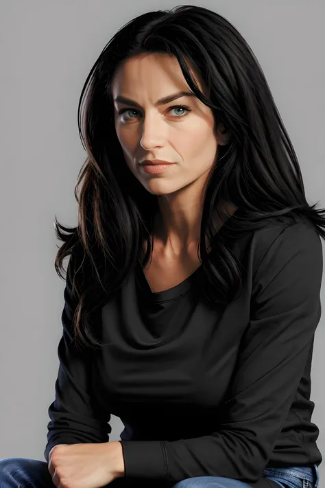 , ,<lora:vala-wvl:1>, vala,black shirt, portrait, face, jeans,