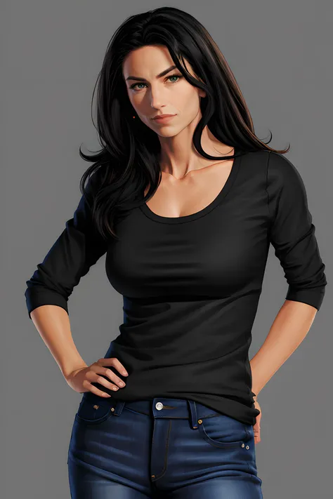 , ,<lora:vala-wvl:1>, vala,black shirt, portrait, face, jeans,
