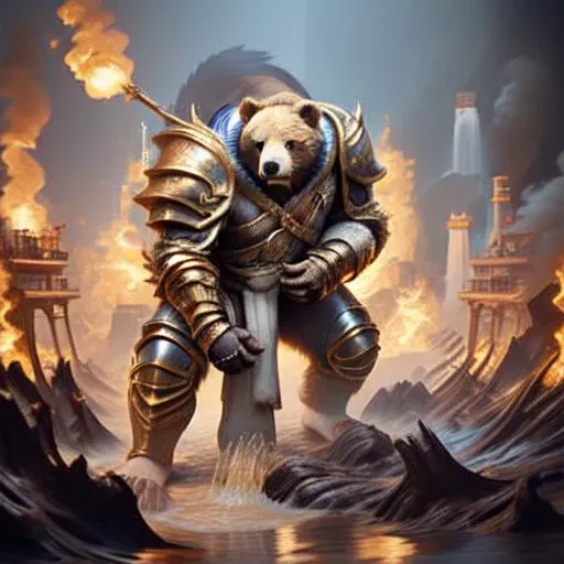 <lora:macro_bear_V3_final:1>all fours, armor, bara, barefoot, bear, bear ears, boots, braided fur, cityscape, claws, cloud, crowd, detailed fur, faceless character, front view, furry, gauntlets, gloves, holding planet, looking at viewer, macro, macrobear, micro, nipples, open hand, open mouth, serious face, shoulder armor, single pauldron, standing, teeth, thick arms, thick fur, three-quarter view, topless, vambraces, waterfall,artist name, black background, fire, food, hydrogoldstyle, looking at viewer, no humans, scenery, smoke, still life, water <lora:hydro-gold-style-darquelilly-v1:1>