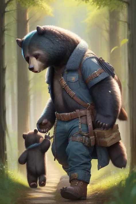 from side,
The father bear holds the cub in his left hand and carries the cub on his right shoulder.
A traveler walking through a spring wheat field,
<lora:Silverfox_704_U_RWM:1> silverfox,full body,
solo, (black bear cub:1.5),furry male,
black fur, black bear, black body, black hair, ursid, thick fur,
<lora:macrobearv2.1:0.5> macrobear,
baggy pants, belt buckle,coat, boots,footwear,gloves, buckle, coat, hat, hat belt, high collar, pants, striped, striped pants, wizard hat, headwear,