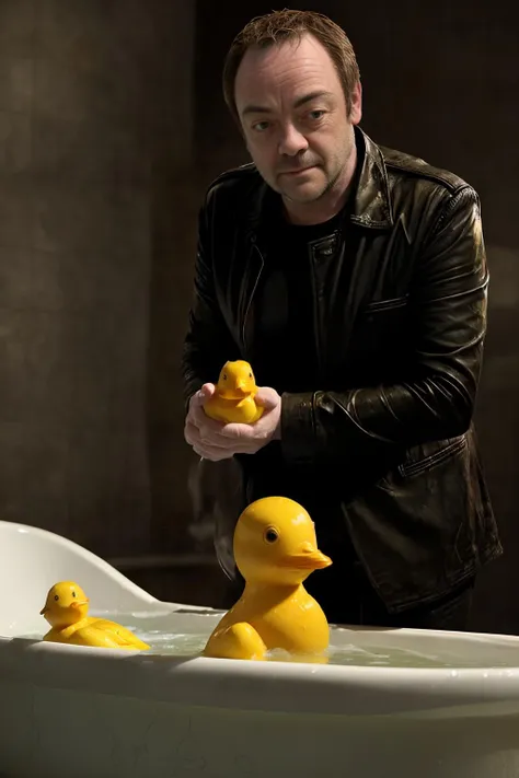 Mark1Sheppard, taking a bath with a yellow rubber duck, realistic, hyper-realistic, highly detailed, high contrast, 8k, photorealism
<lora:MarkSheppard:1>