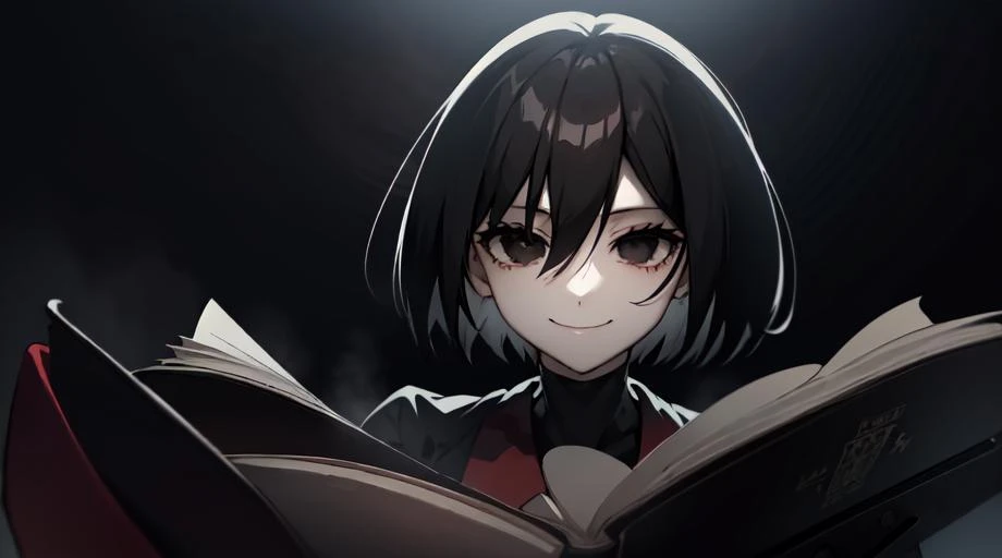 Dark Ougi, Monogatari, Anime, Mysterious, Female Character, Black Hair, Black Eyes, Enigmatic, School Uniform, Student, Supernatural, Literary References, Ominous, Bookish, Philosophical, Nihilistic, wide smile