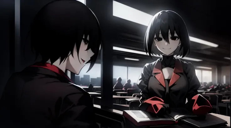 Dark Ougi, Monogatari, Anime, Mysterious, Female Character, Black Hair, Black Eyes, Enigmatic, School Uniform, Student, Supernatural, Literary References, Ominous, Bookish, Philosophical, Nihilistic, wide smile