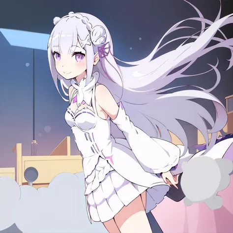 (flat anime style:1.2), (detailed outfit), (Emilia:1.1), 1girl, long hair, Re:Zero style, wide smile, big eyes, classroom