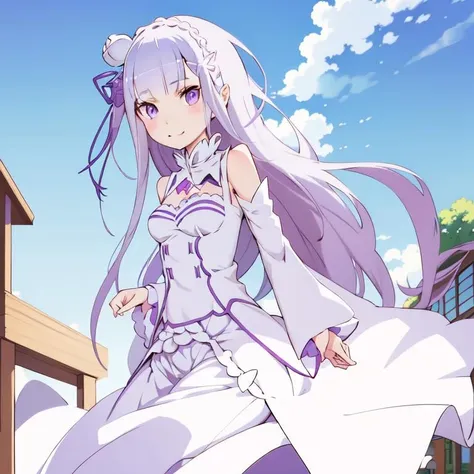 (flat anime style:1.2), (detailed outfit), (Emilia:1.1), 1girl, long hair, Re:Zero style, wide smile, big eyes, classroom