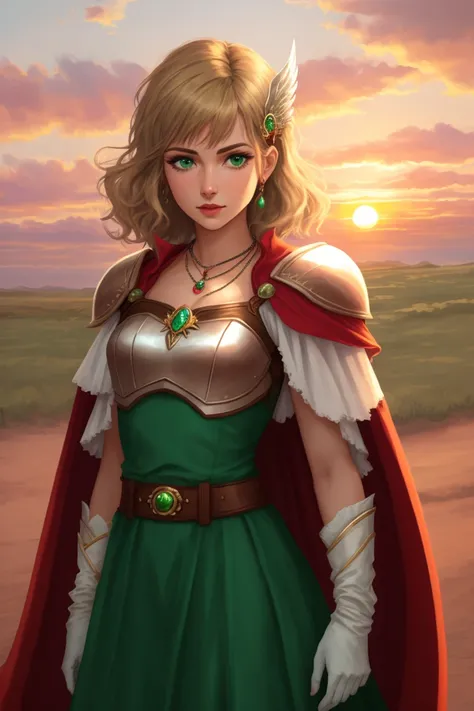 nanna, hair ornament, necklace, armor, red cape, green dress, belt, white gloves, cowboy shot, arms behind back, sunset