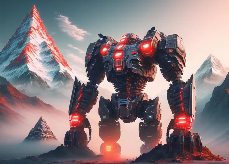 (Award Winning Digital Digital Artwork:1.3), (Masterpiece, Ultra-Detailed, Hyperrealistic:1.3), (Machine golem),(mountain-sized monster, full body),portrait, solo focus,robotic, electronic, neon colored, metal, gears, red,black, sleek, intricate