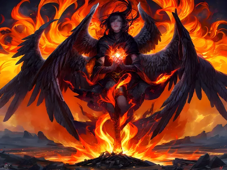 Stunning phoenix in the center of the composition, surrounded by bright flames, wings spread wide as if just emerging from the ashes, feathers shimmering in shades of red, orange, and gold, exuding warmth and strength, eyes glowing with bright light symbolizing life energy and wisdom, ashen landscape, scattered ash and embers, remnants of a previous existence, ash covering the ground contrasting with the brightness of the reborn bird, elements of a destroyed forest or old ruins, flames around the phoenix symbolizing the process of rebirth, bright bursts of fire rising upwards creating a sense of movement and dynamism, flames transitioning into a golden glow emphasizing magic and mysticism, small green shoots emerging through the gray earth symbolizing new beginnings and nature's rebirth, light mist surrounding the sprouts adding a magical effect, sky divided into two parts: one dark and covered with heavy clouds, the other clear and bright, creating visual contrast and enhancing the drama of the scene, epic fantasy art, by Artgerm and Greg Rutkowski, highly detailed, vibrant colors, dramatic lighting, cinematic atmosphere, ultra realistic, 8k, octane render
<lora:Angelarium:1.1> <lora:more_details:1>