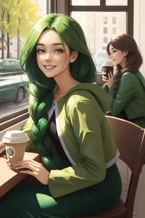 cheryl, single braid, hair over shoulder, green jacket, long dress, sitting, coffee shop, crowded scenery, smile