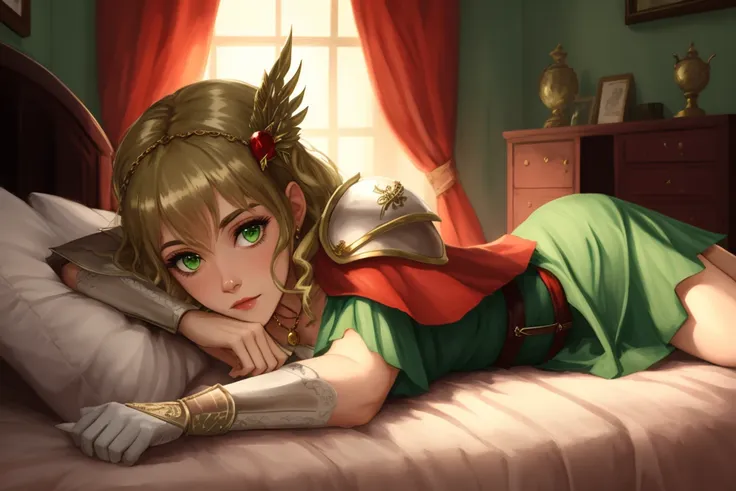 nanna, hair ornament, necklace, armor, red cape, green dress, belt, white gloves, lying, bed, looking at viewer, indoors, on side, on bed