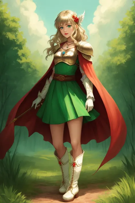 nanna, hair ornament, necklace, armor, red cape, green dress, belt, white gloves, boots