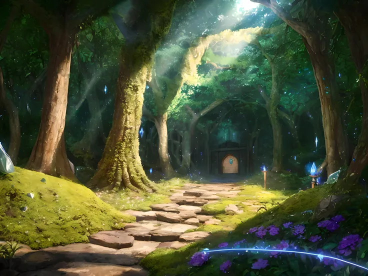 Stunning portal embedded in the ground or rock leading to an underground world filled with riches, crystals, and magical creatures, materials of stone, wood, or metals inlaid with gems and crystals, glowing runes or magical symbols surrounding the portal, roots, moss, flowers, and plants growing around the portal creating an ancient impression, textures of rock, stones, and earth covered with moss and vines, inside the underground world many crystals of various colors and sizes sparkling in the dim light, small underground lakes or rivers with crystal clear water reflecting the light of the crystals soft light emanating from the portal illuminating the path into the underground world, crystals glowing from within creating a magical illumination, ancient artifacts scattered on the ground like golden coins, ancient swords, and crowns, magical dust creating a mysterious and magical atmosphere,