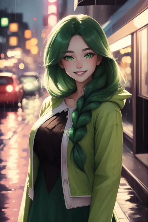 (illustration), (detailed light),((an extremely delicate and beautiful)),(beautiful detailed eyes), 1girl cheryl, single braid, hair over shoulder, green jacket, long dress, from above,raining,pink cheek,insane smile,downtown,neon light,night,