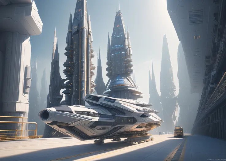 (Award Winning digital artwork:1.3), (masterpiece, Ultra-detailed, photorealistic:1.3), (highres,absurdres, mature adult), (Starship, spaceage engineering, highly detailed vehicle), (extremely detailed starship architecture:1.3), floating city, 4k, 8k, 16k